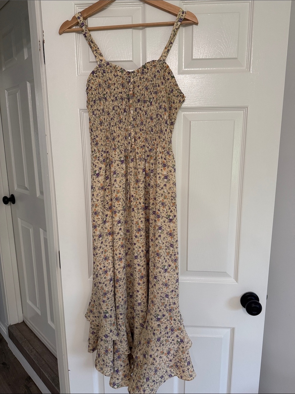 Grace Karin Cream Maxi Dress with Purple Floral Smocked Bodice